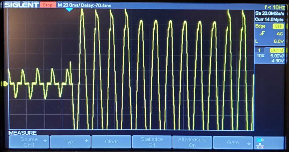 oscilloscope trace of voltage across the leads